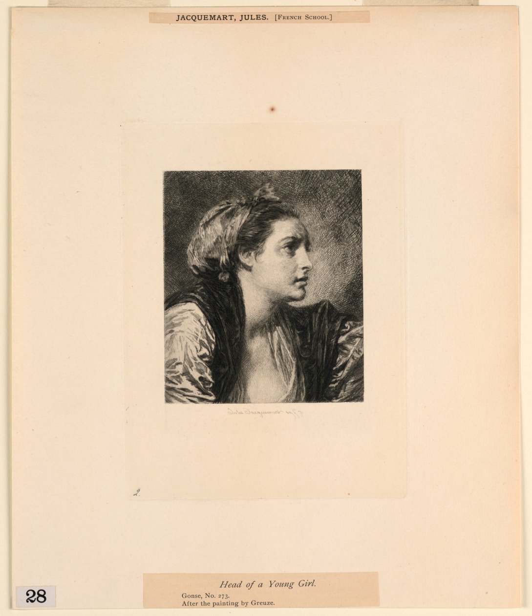 Nuoren tytön päällikkö, "Etchings of Pictures in the Metropolitan Museum, New York" tekijältä Jules Ferdinand Jacquemart
