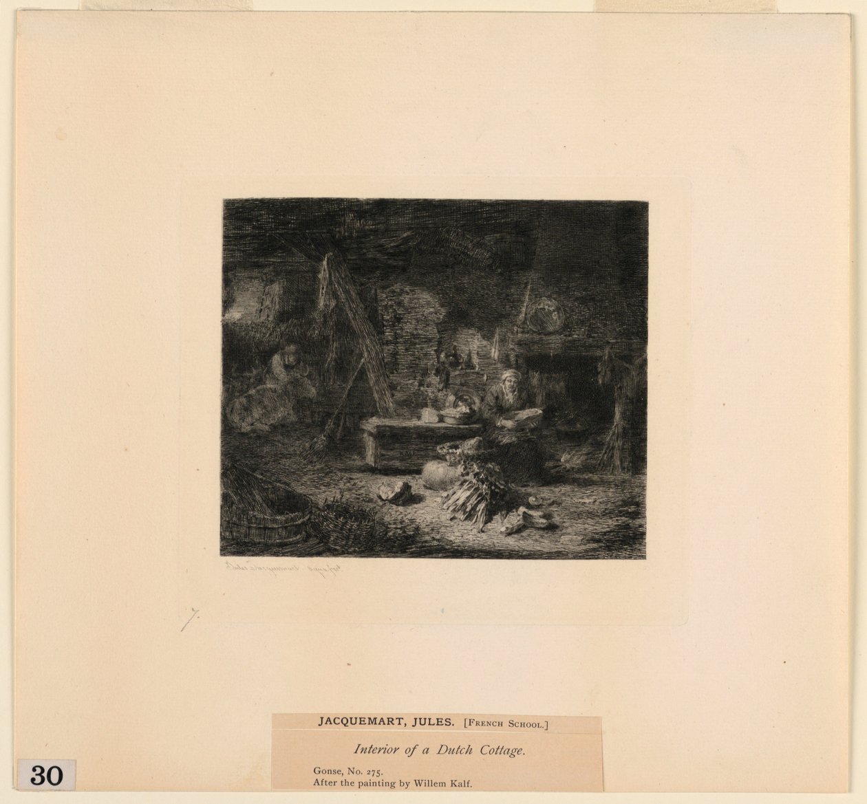 Hollantilaisen mökin sisustus, "Etchings of Pictures in the Metropolitan Museum, New York" tekijältä Jules Ferdinand Jacquemart