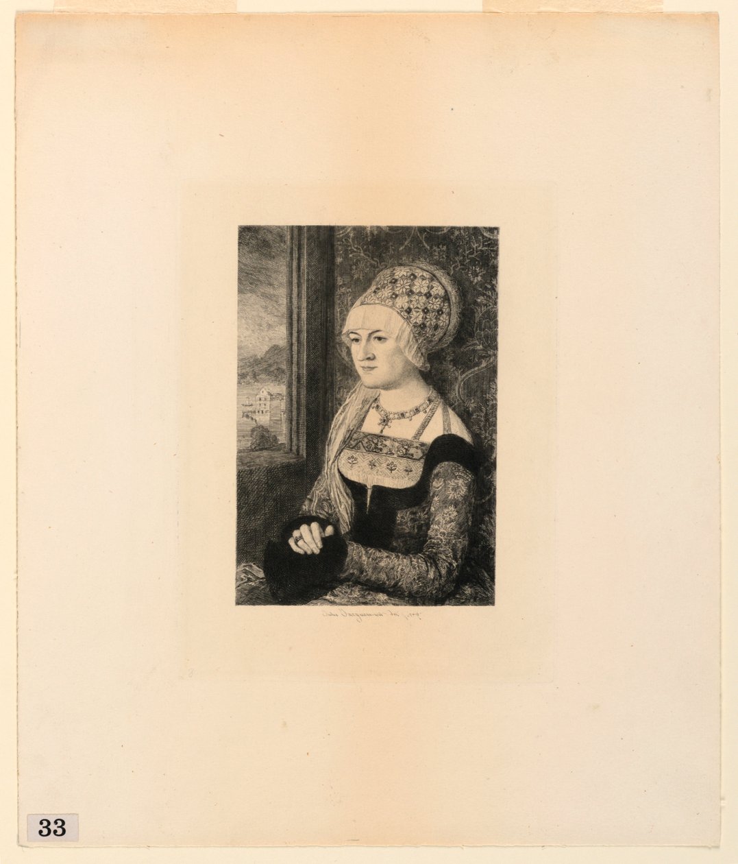 Nuoren naisen muotokuva, "Etchings of Pictures in the Metropolitan Museum, New York" tekijältä Jules Ferdinand Jacquemart