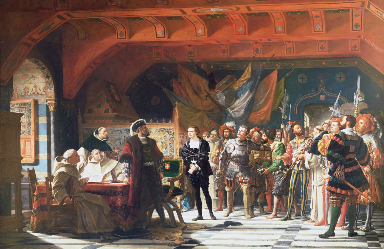 Francis de Bonnivard (1496-1570), Chillonin vanki, tuotu Savoijin herttuan eteen vuonna 1530, 1870. tekijältä Jules Hippolyte Ravel