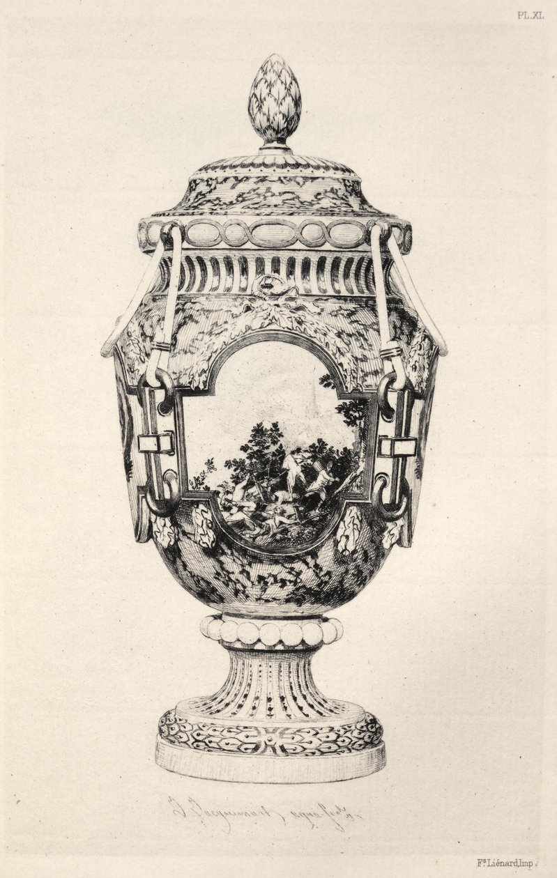 Keraamisen taiteen historia: A Descriptive and Philosophical Study of the Pottery of All Ages and All Nations: Ranska: Sèvres- pehmeä posliini- maljakko, Fontenoyn taistelun muistomerkki (levy XI). tekijältä Jules Jacquemart