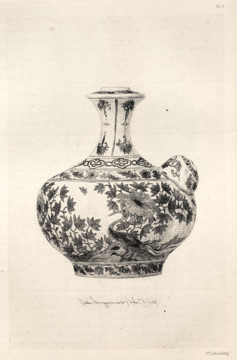 Keraamisen taiteen historia: A Descriptive and Philosophical Study of the Pottery of All Ages and All Nations: Persia: Pehmeä posliini - Gargoulette, koristeltu Simorgilla (levy VI). tekijältä Jules Jacquemart