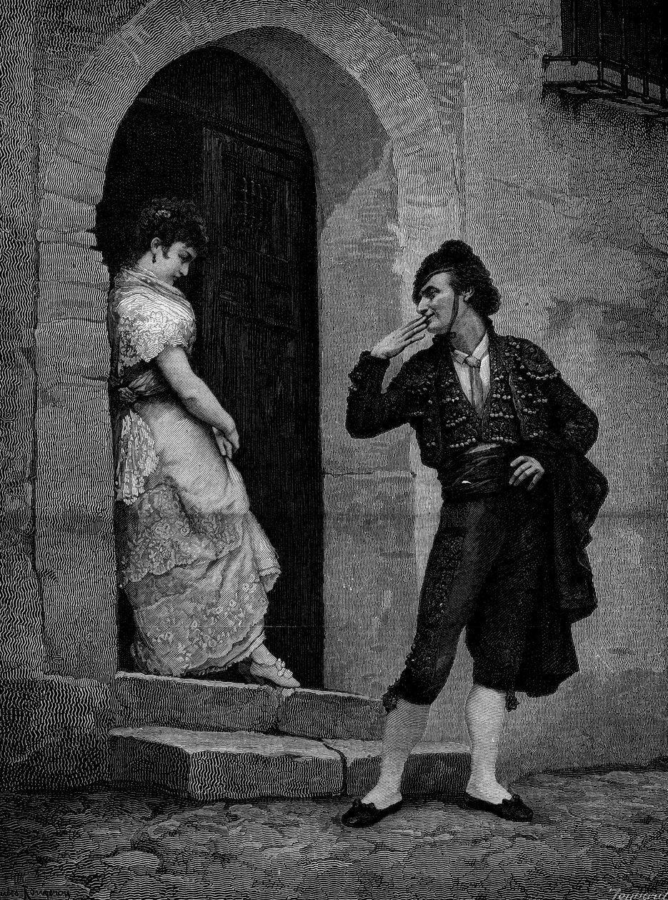Härkätaistelijan startti kisaan. 1800-luvulla. Kaiverrus Rougeronin maalauksen jälkeen (Jules James Rougeron tekijältä Jules James Rougeron