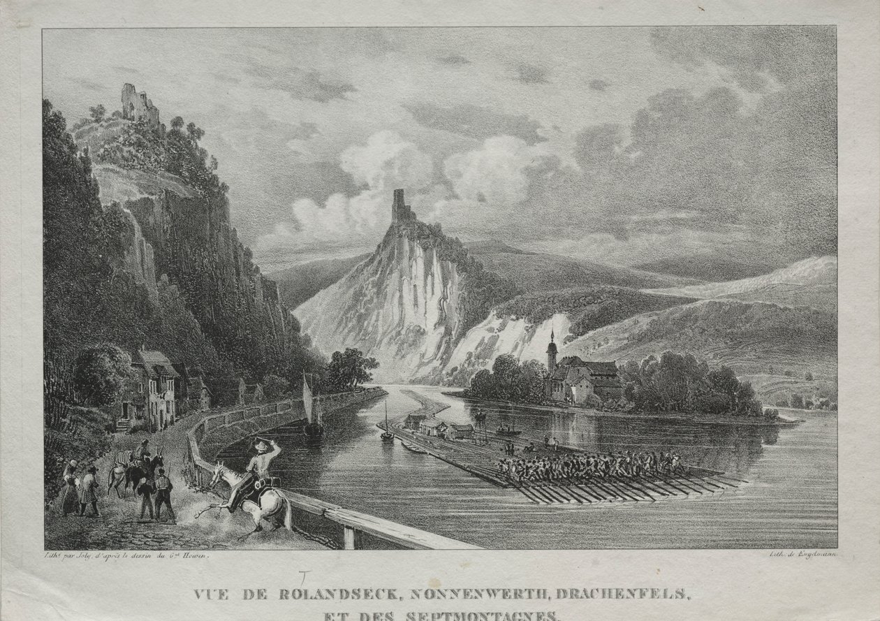 Näkymä Rolandseckiin, Nonnenwerthiin, Drachenfelsiin ja Siebenbirgeen. tekijältä Jules Jean Baptiste de Joly