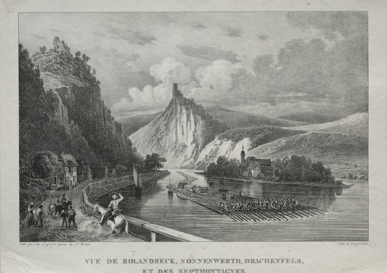 Näkymä Rolandseckiin, Nonnenwerthiin, Drachenfelsiin ja Siebenbirgeen tekijältä Jules Jean Baptiste de Joly