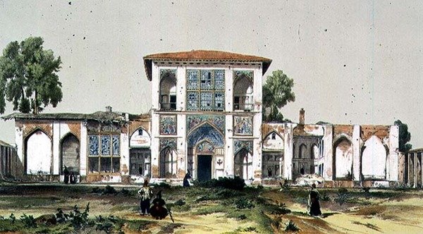 Historiallinen Asterabadin palatsi, Persia, levy 84 teoksesta "Matka Turkkiin ja Persia", taiteilijan kaiverrus (litho) tekijältä Jules Joseph Augustin Laurens