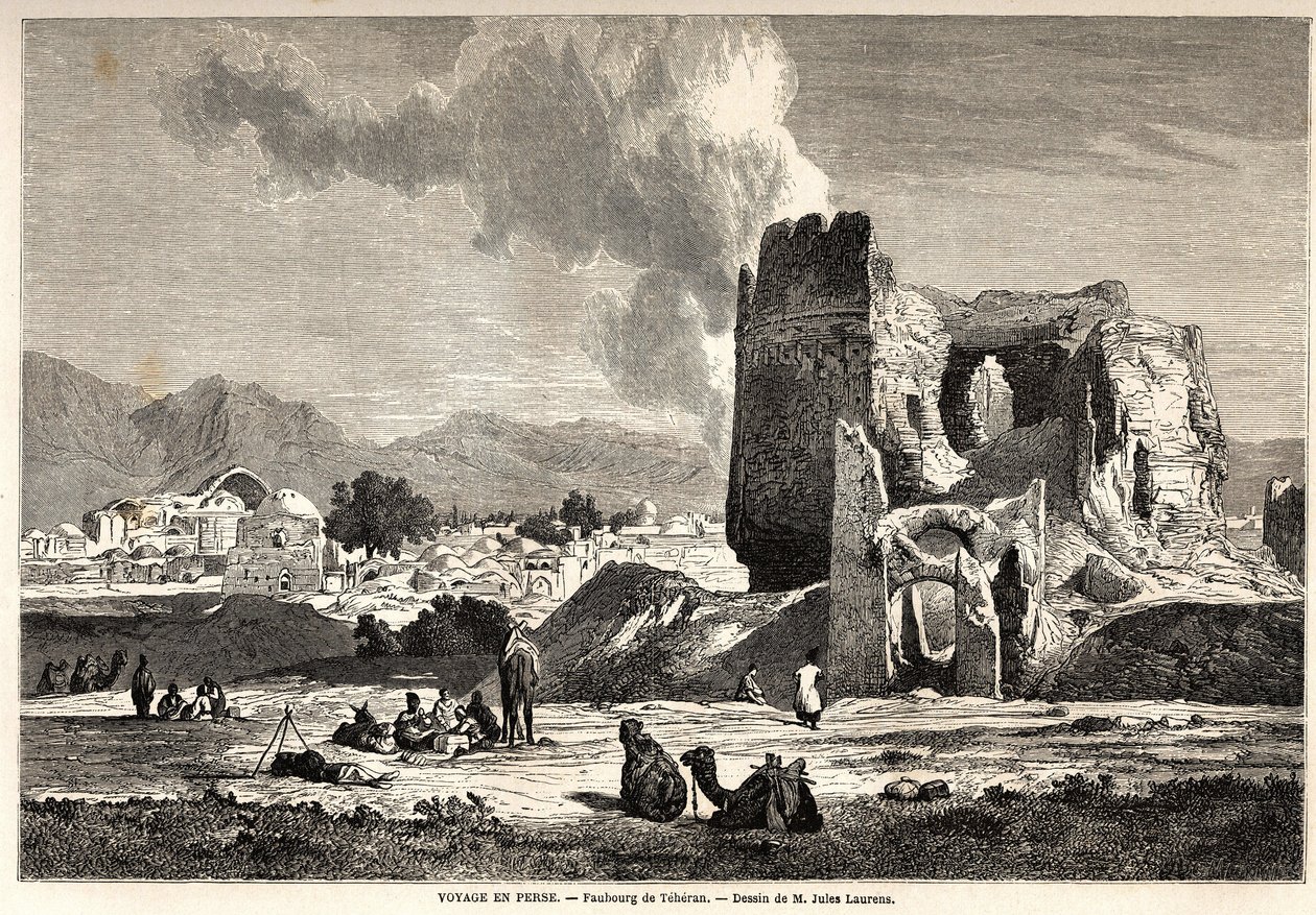 Teheranin (nykyinen Iran) esikaupunkialueet. Jules Laurensin (1825-1901) piirustus kuvaamaan Arthur Gobineaun matkaa Persiaan vuosina 1855-1858. Kaiverrus kirjaan "" Le tour du monde, nouveau journal des voyages" Paris tekijältä Jules Joseph Augustin Laurens