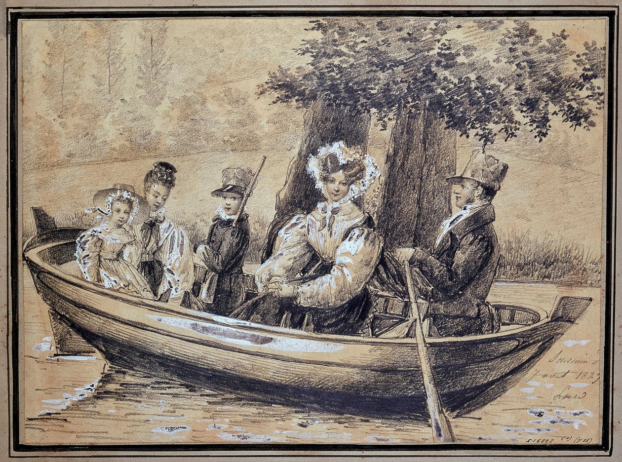 Ségurin perhe (kreivi, kreivitär ja heidän lapsensa) veneellä - kirjoittanut J.H. Laure, elokuu 1829 tekijältä Jules Laure