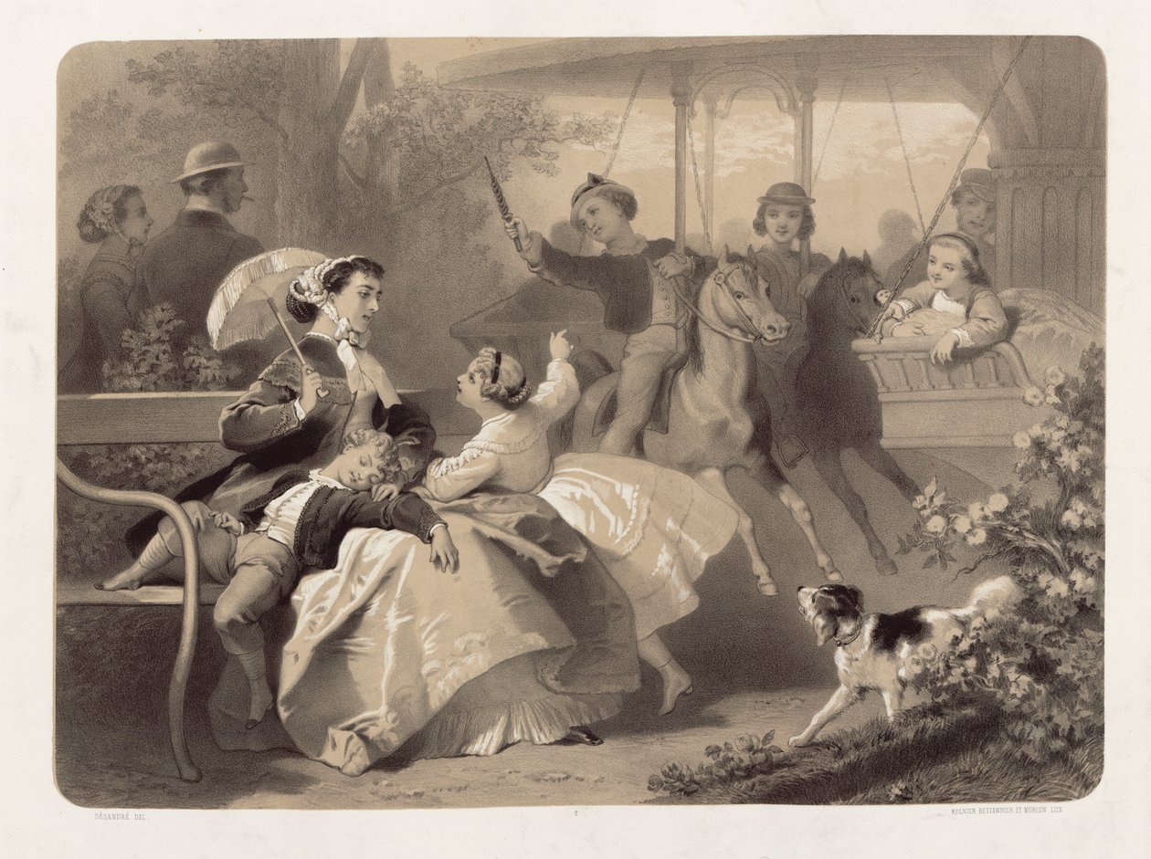 Merry-Go-Round Saint-Cloudissa, kaiverrus Regnier, Bettanier ja Anthony Morlon (1834-1914) tekijältä Jules Marie Desandre