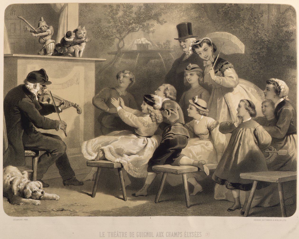 Theatre Guignol, Champs-Elysees, kaiverrus Claude Regnier (fl.1840-66) Bettanier ja Morion tekijältä Jules Marie Desandre