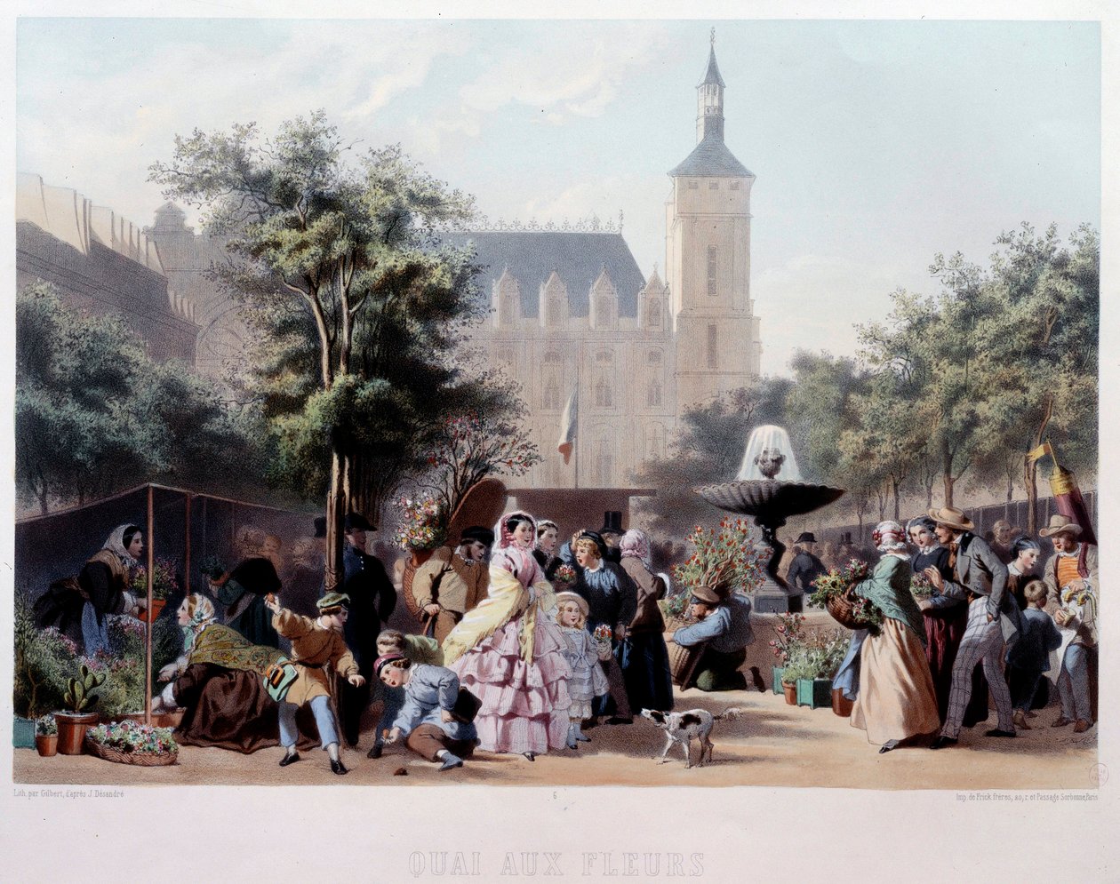 Näkymä Quai aux Fleursille Pariisissa Kävely Ile de la Cite -kadulla. Jules Marie Desandren (1845-?) litografia 1800-luvun Pariisi, Musee Carnavalet tekijältä Jules Marie Desandre