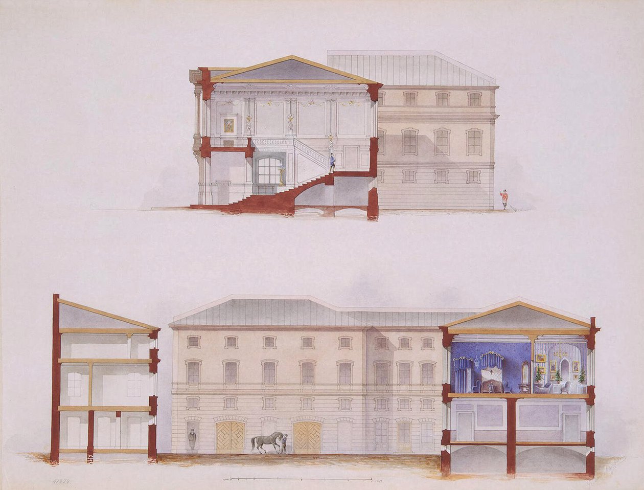 Stroganovin palatsi Pietarissa. Julkisivu- ja osasuunnitelma, 1865 tekijältä Jules Mayblum