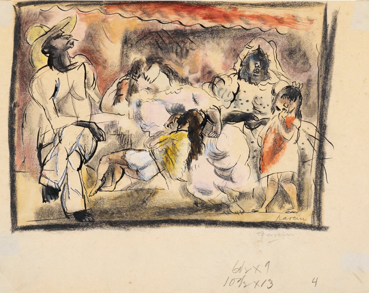 Mies, kaksi naista, kaksi lasta (wc paperilla) tekijältä Jules Pascin