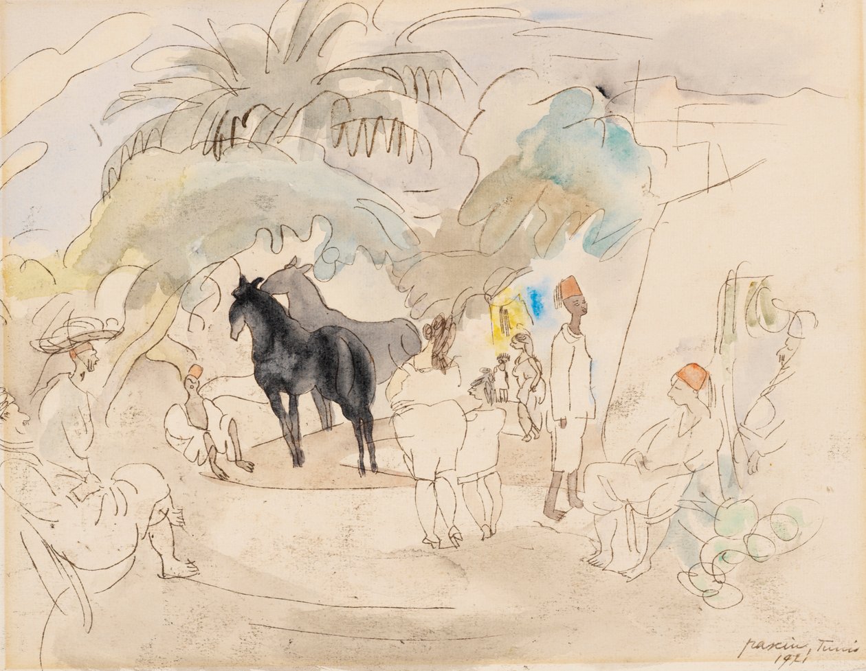 Figuurit ja kaksi hevosta maisemassa, 1921 (wc paperilla) tekijältä Jules Pascin