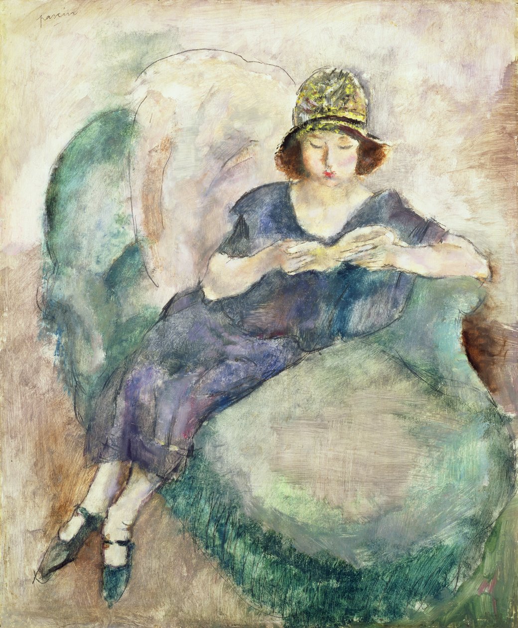 Tyttö sinisessä lukemassa sohvalla, 1926-27 tekijältä Jules Pascin