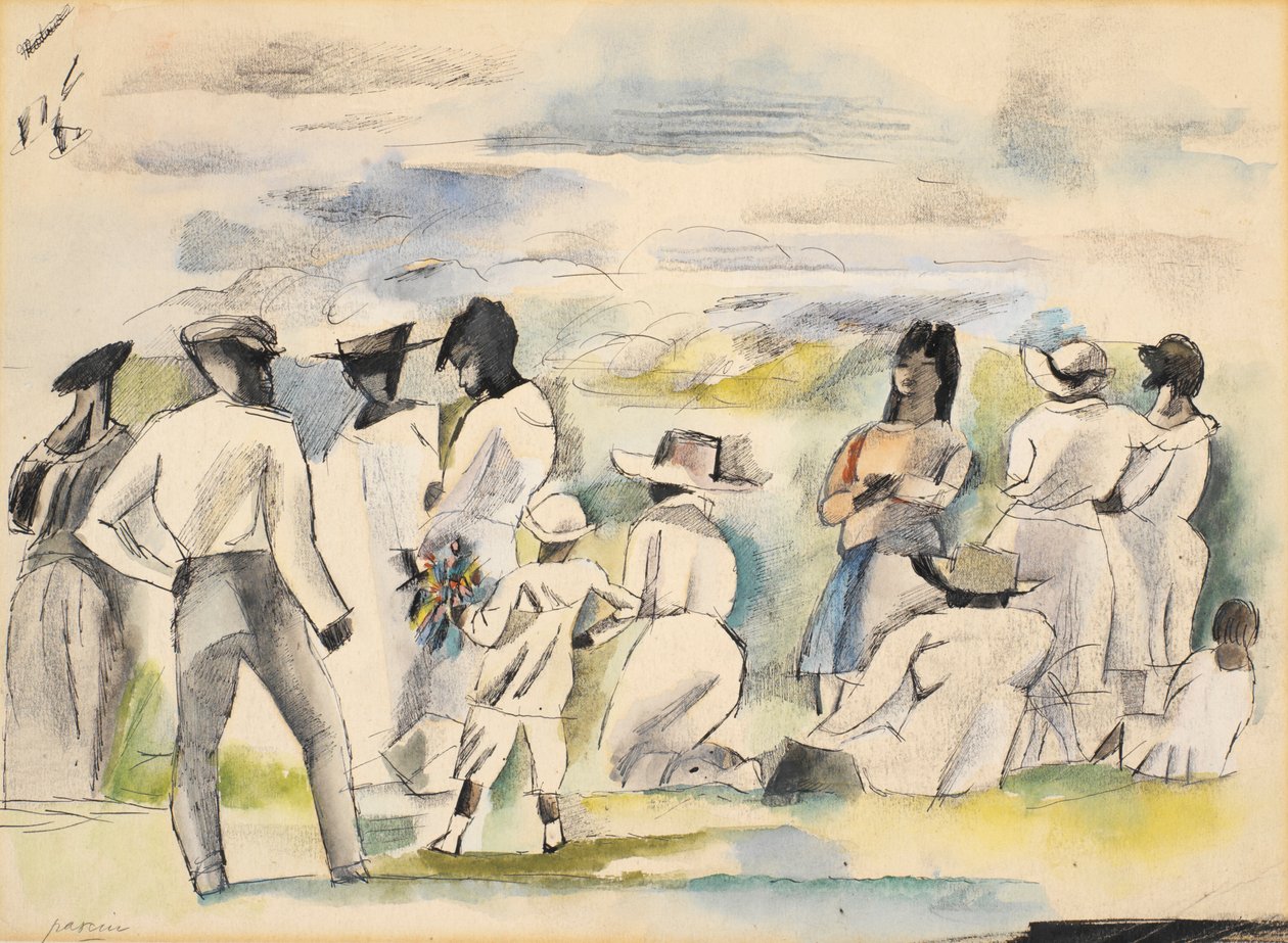 Figuuriryhmä pojan kanssa, jolla on kukkia tekijältä Jules Pascin