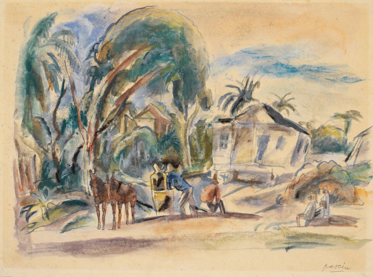 Maisema, talo ja puu (wc paperilla) tekijältä Jules Pascin
