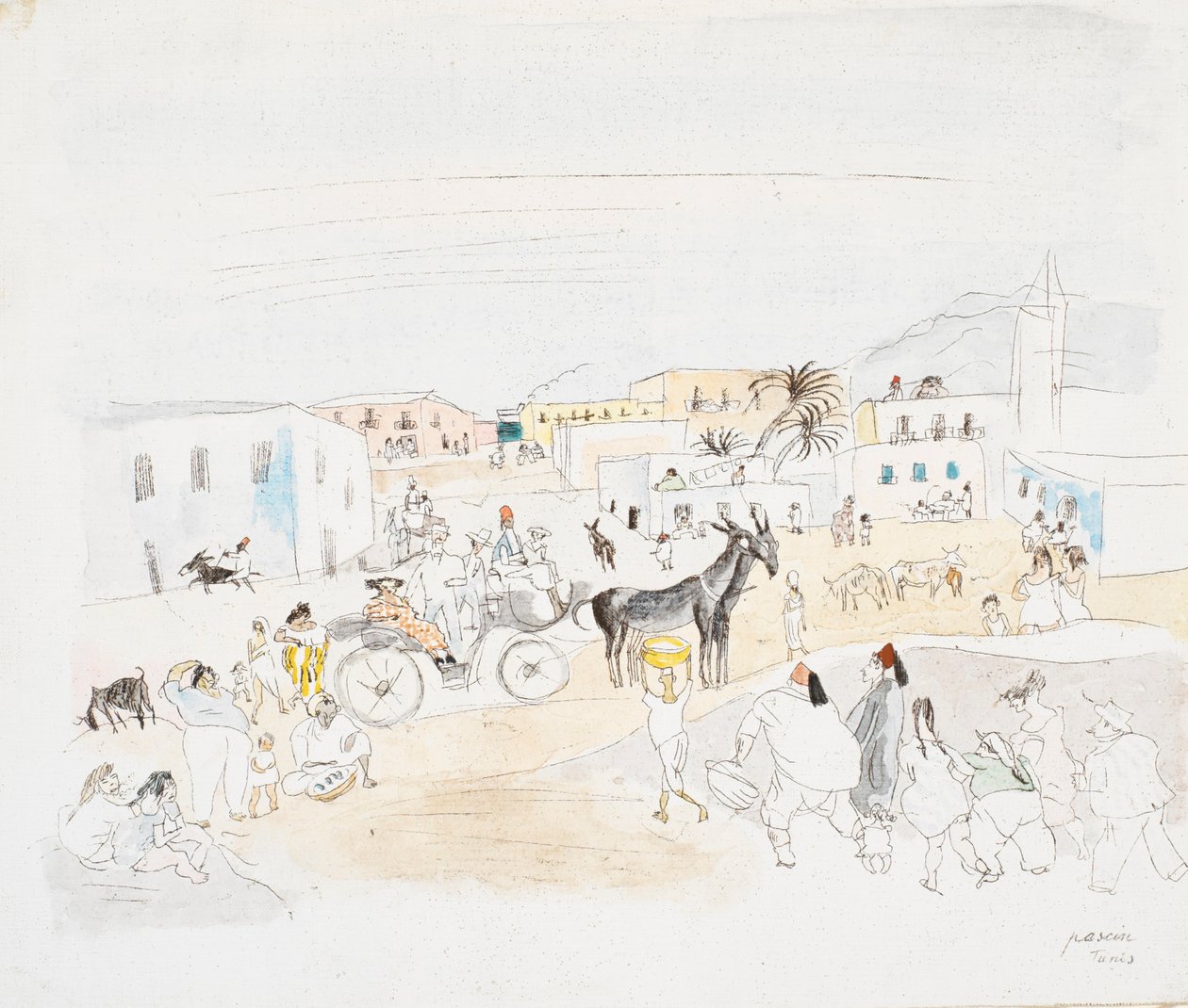 Maisema vaunujen ja hahmojen kanssa, Tunis tekijältä Jules Pascin