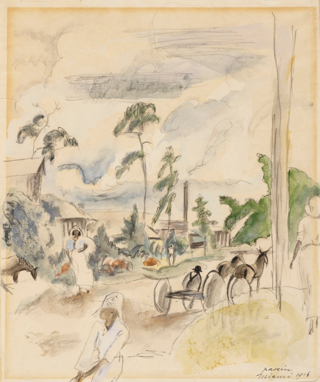 Maisema figuurien kanssa, Miami, 1916 (wc paperilla) tekijältä Jules Pascin