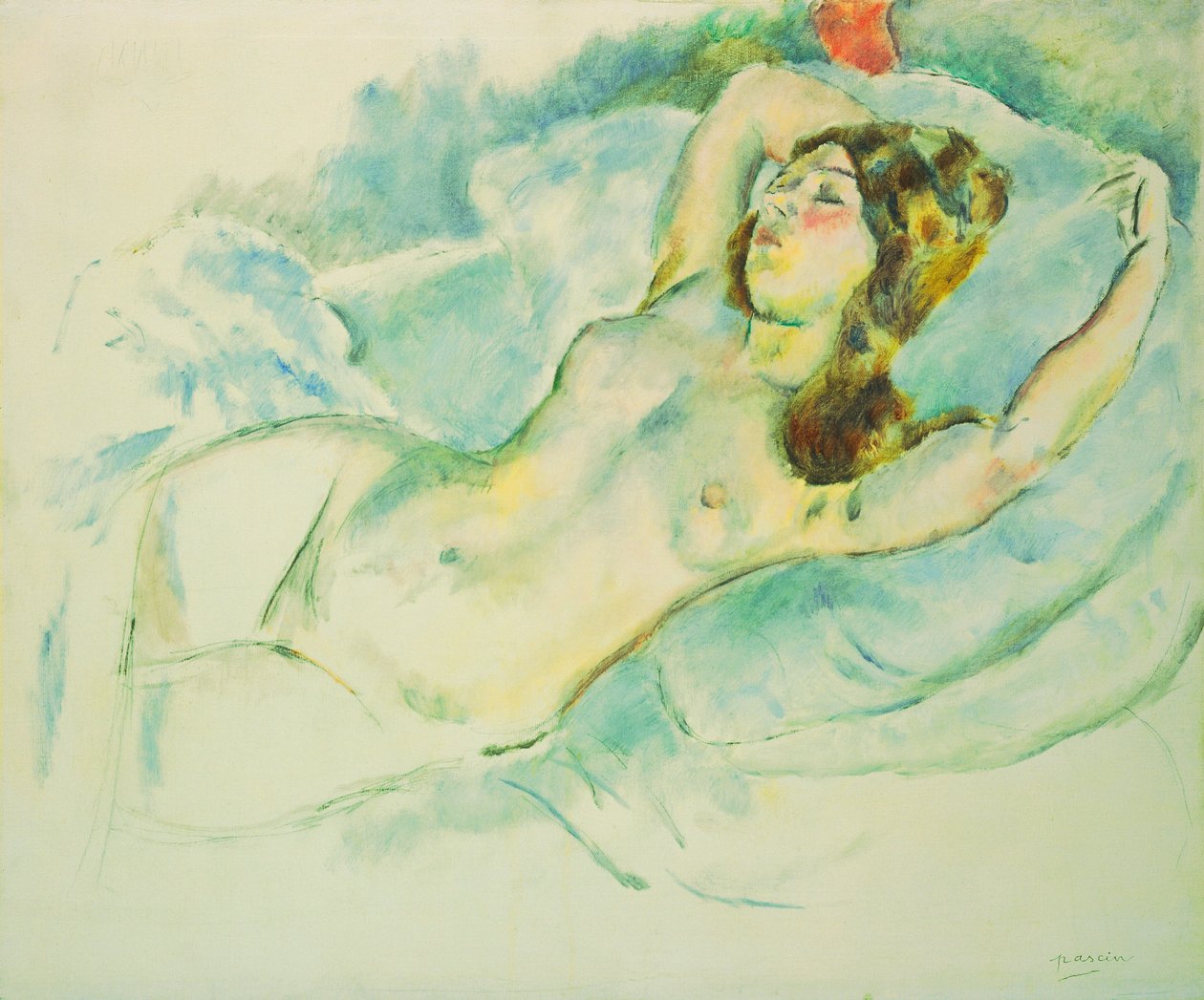 Nude Woman makuuasentoon; Makaa alaston nainen, 1920-1925 tekijältä Jules Pascin