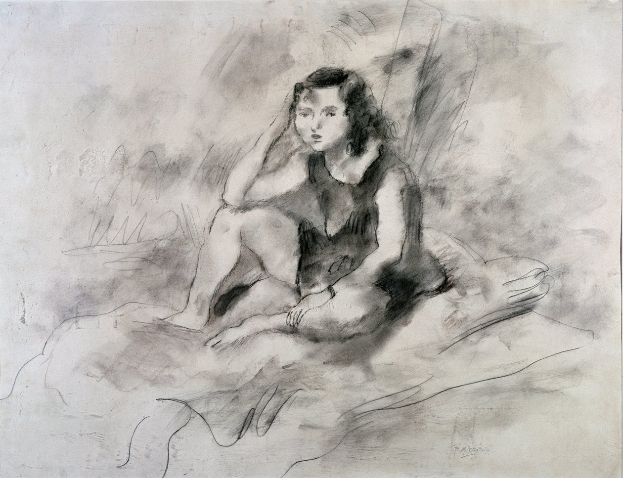 Istuva tyttö (akvarelli ja mustetta, n. 1910) tekijältä Jules Pascin