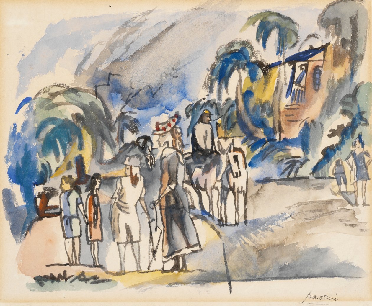 Eteläinen maisema hahmoilla ja hevosilla tekijältä Jules Pascin