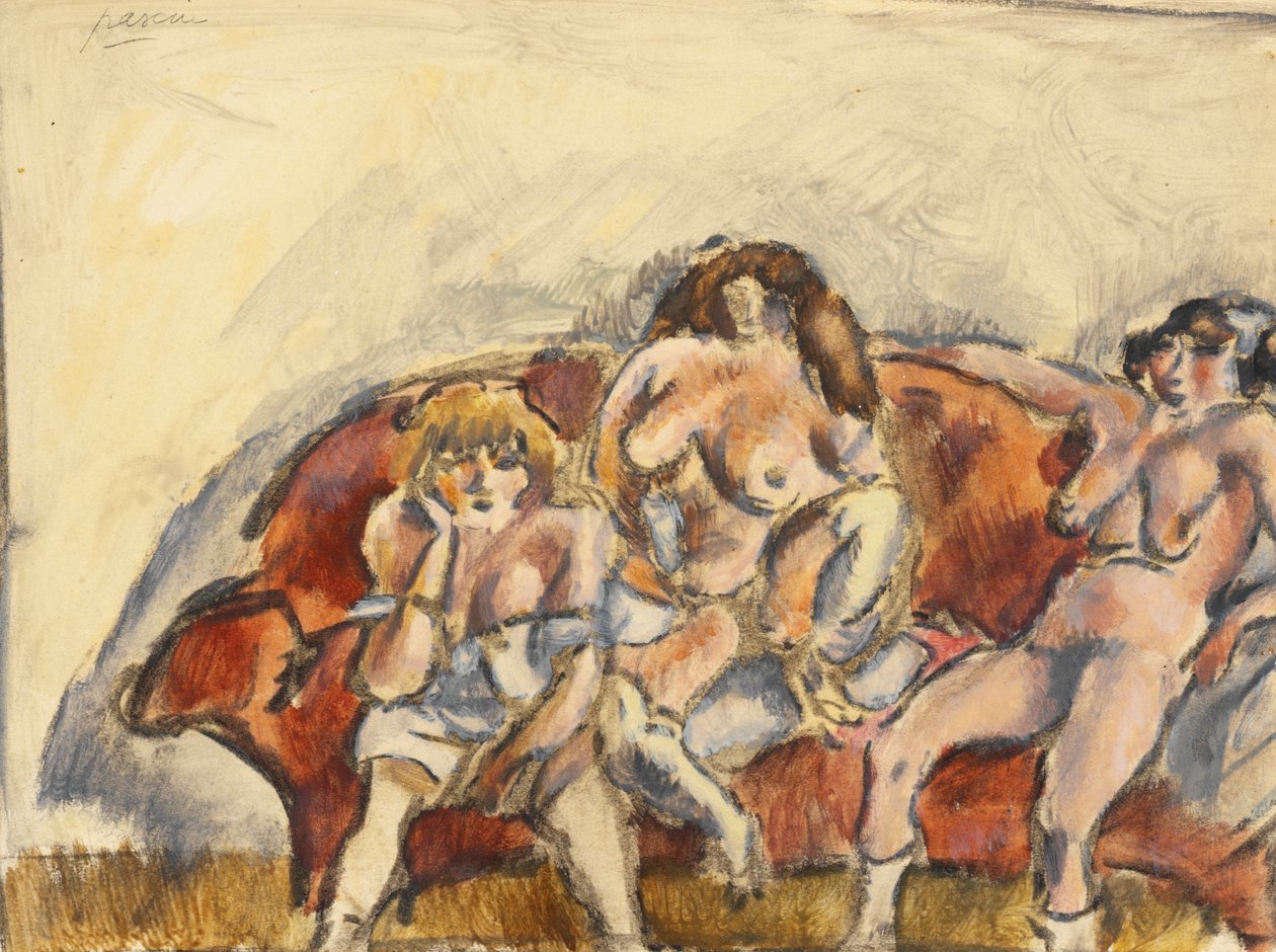 Kolme naista punaisella sohvalla (wc paperilla) tekijältä Jules Pascin