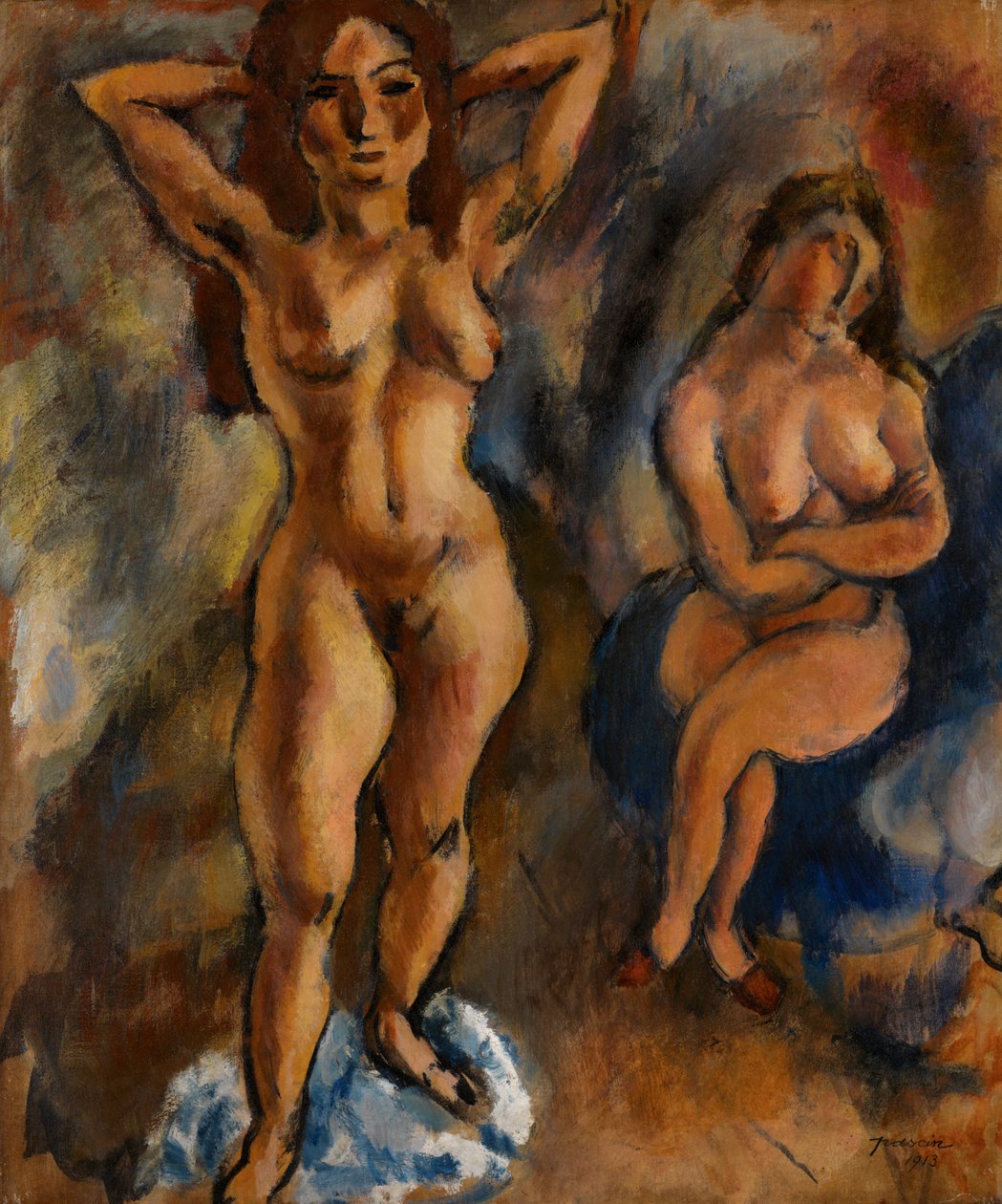 Kaksi alastonkuvaa - yksi seisoo, yksi istuu tekijältä Jules Pascin