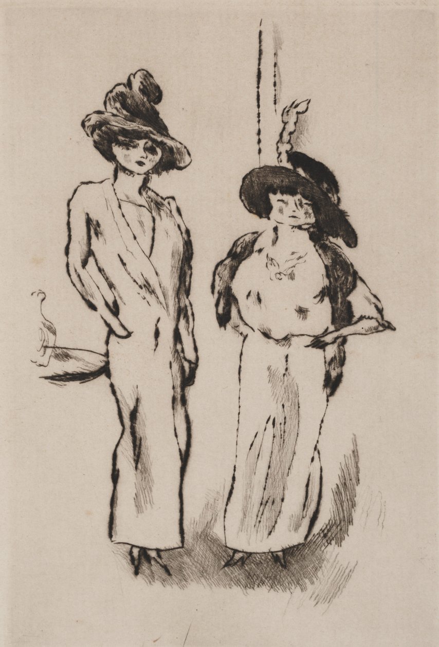 Kaksi naista tanssiaisissa, noin 1910 (etsaus) tekijältä Jules Pascin