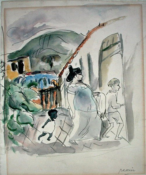 Nainen ja kaksi lasta (akvarelli paperille) tekijältä Jules Pascin