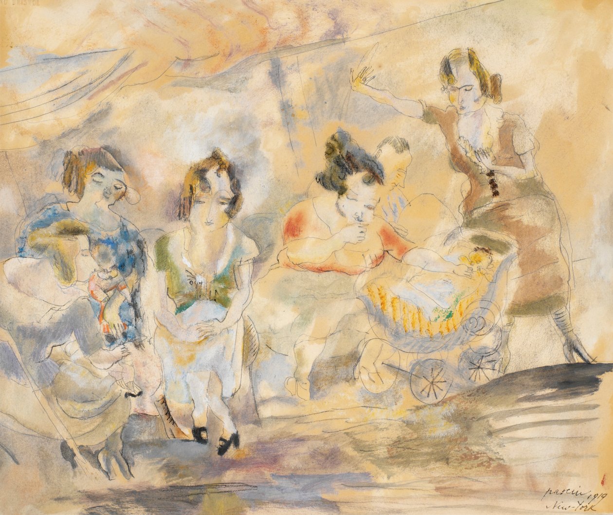 Nainen lastenvaunujen kanssa tekijältä Jules Pascin