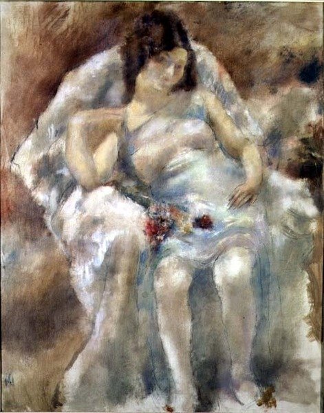 Nuori nainen istuu kukkien kanssa tekijältä Jules Pascin