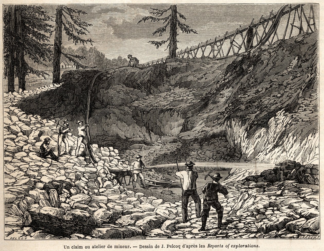 Jules Pelcoqin piirtämä kaivosväite tai työpaja Kaliforniassa havainnollistamaan tarinaa paroni de Woganin matkasta Kaliforniaan vuosina 1850–1852. Kaiverrus "" Le tour du monde, nouveau journal des voyages"" Paris tekijältä Jules Pelcoq