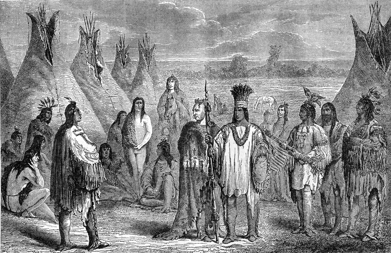 Ryhmä Delawaren intiaaneja heidän tipi-leirissään. Janet Langen kaiverrus, noin 1870. Kuva kirjan "The Last of the Mohicans" vuoden 1888 Hachette-painoksesta Fenimore Cooperin mukaan. tekijältä Jules Pelcoq