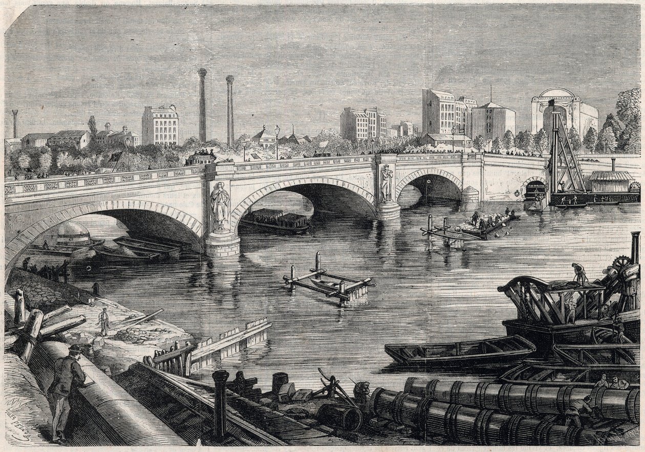 Pariisin muodonmuutos toisen imperiumin alaisuudessa, Haussmann Paris: Pariisin Alman sillan edessä tehdyt työt Seinen pohjassa sijaitsevan keräilyviemärin kulkua varten. Piirustus Jules Pelcoq. Kaiverrus "" The Illustrous Univessa tekijältä Jules Pelcoq