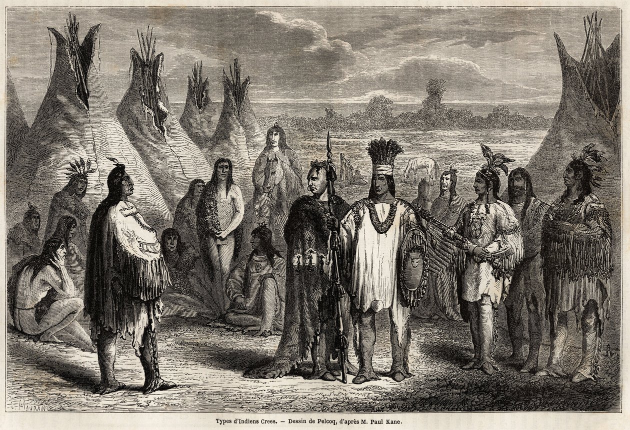 Kanadan Crees Indians -tyypit, Pelcoqin piirustus havainnollistamaan kapteeni John Palliserin Kalliovuorten tutkimusta vuosina 1857–1859. Kaiverrus "" Le tour du monde, nouveau journal des voyages"" Paris tekijältä Jules Pelcoq