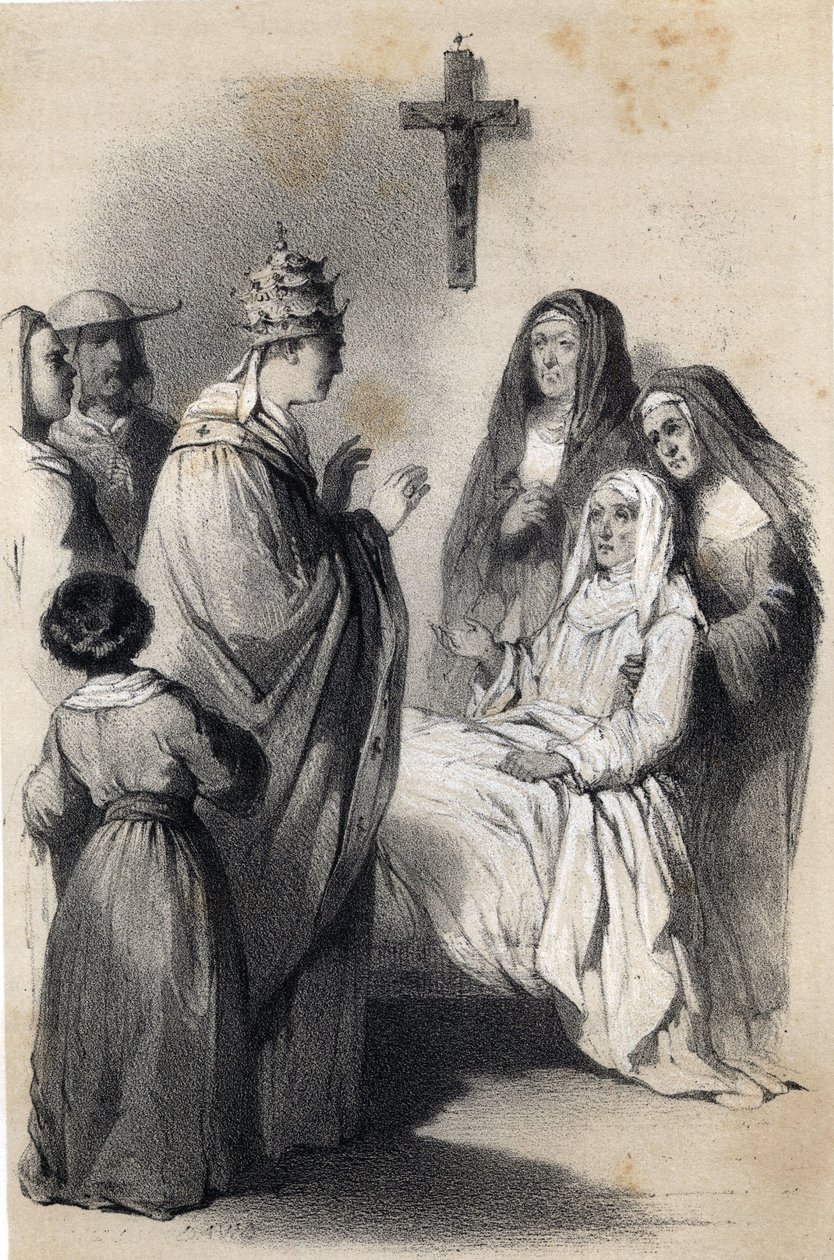 Assisilaisen Saint Clairen (Chiara) (n. 1192-1253), klaarikunnan perustajan, edustaja "Euroopan maineikkaissa naisissa". Kreivitär Drohojowska, s. Symon of Latreiche. Jules Davidin ja Raunheimin näyttäviä piirustuksia. noin 1850 tekijältä Jules and Raunheim Hermann David