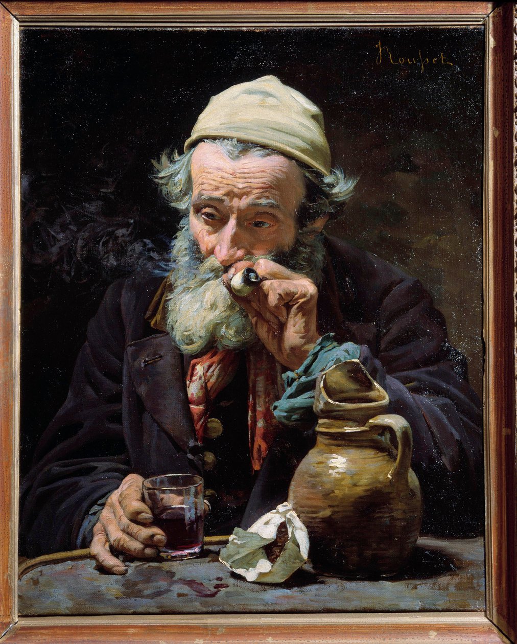 Juomari Vanha mies polttaa piippua ja juo lasin viiniä. Jules Roussetin (1840-?) maalaus 1800-luvun Orleans, Museum of Fine Arts tekijältä Jules Rousset