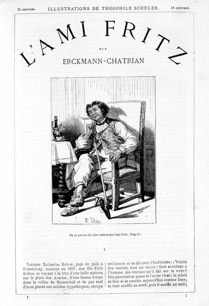 Fritz polttaa piippua - Erckmann-Chatrianin "" The Friend Fritzin" etukuva, ill. Kirjailija: Théophile Schuler tekijältä Jules Theophile (after) Schuler