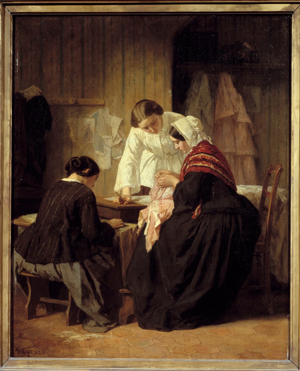 Kolme naista ompelee. Jules Trayerin maalaus (1824 - 1909) tekijältä Jules Trayer