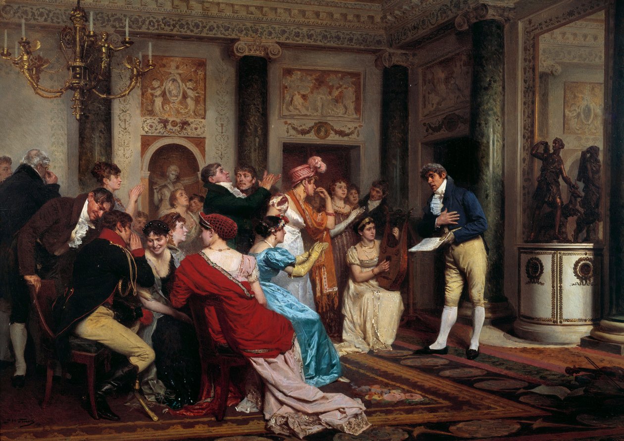 Romantiikka on muodikasta Teatterin lukeminen pariisilaisessa salongissa. (Salon Litteraire) Jules Wormsin (1832-1914) maalaus 1800-luvun Pariisi, Palais du Luxembourg tekijältä Jules Worms