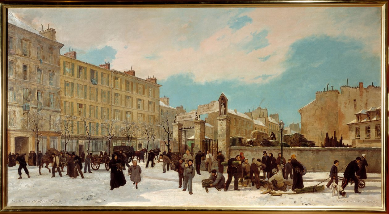 Puurakennustyömaa Boulevard du Montparnassen polttamiseen tammikuussa 1871 - Katukuva Pariisissa - Jules Didier (1831-1892) ja Jacques Guiaud (1811-1876) tekijältä Jules and Guiaud Jacques  Didier