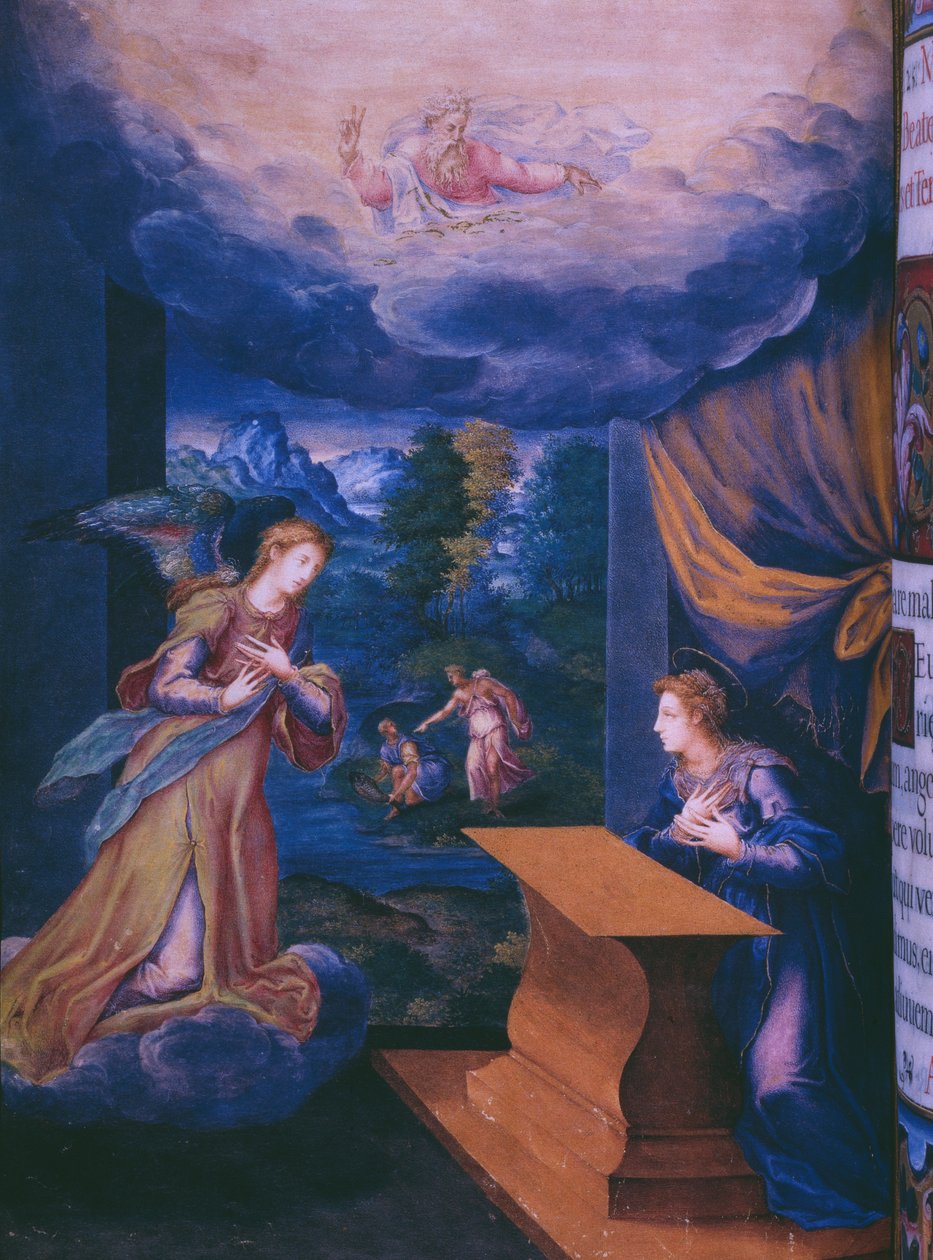 Fol.5v, Annunciation, faksimilesta Espanjan kuninkaan Philip II:n breviaarista, 1569 (pergamentti) tekijältä Julian and Leon, Andres de Fuente del Saz