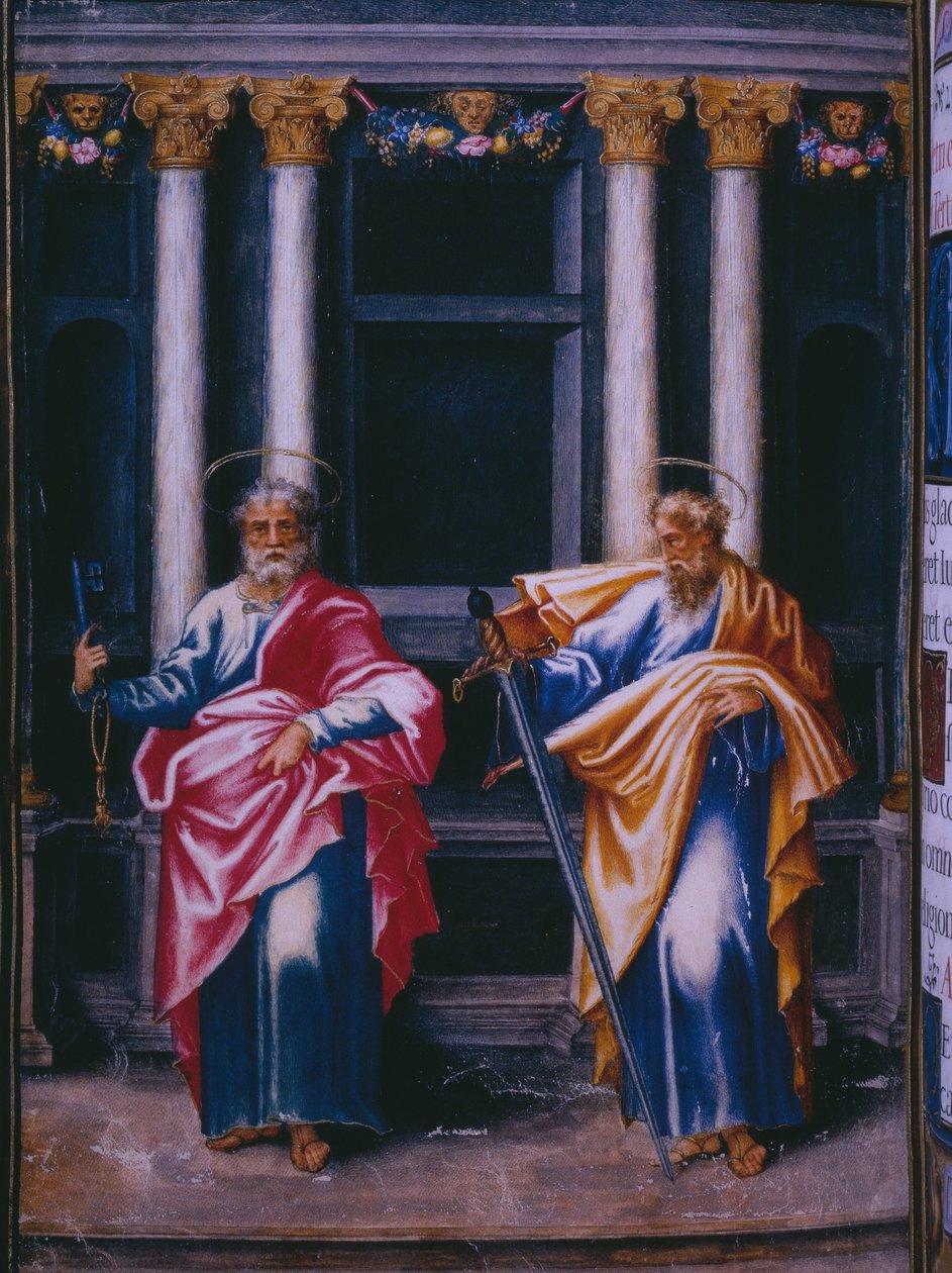 Pyhä Pietari ja Paavali, faksimile Espanjan kuninkaan Philip II:n breviaarista, 1569 (pergamentti) tekijältä Julian and Leon, Andres de Fuente del Saz