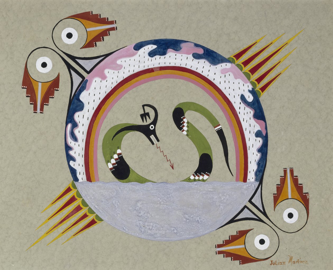 Symbolien konventionaalinen muotoilu (Sacred Avanyu), 1930-40 (tempera paperille). tekijältä Julian Martinez