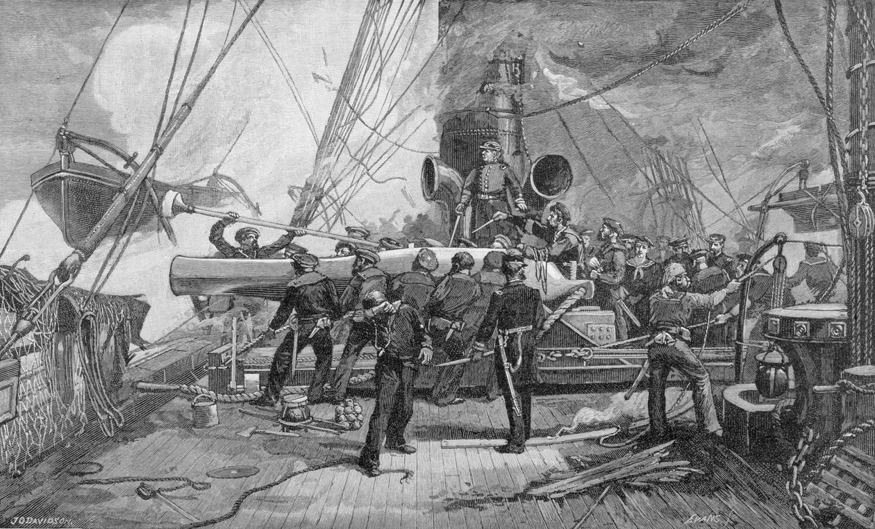 "Kearsargen" yksitoista tuumainen eteenpäin kääntyvä ase toiminnassa, kaiverrettu John William Evans (s.1855), kuvitus teoksesta "Battles and Leaders of the Civil War", toimittanut Robert Underwood Johnson. tekijältä Julian Oliver Davidson