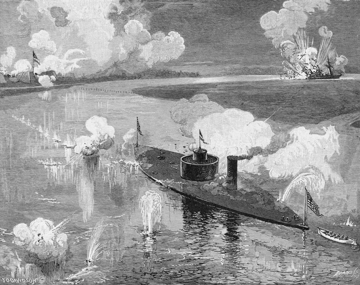 Monitori "Montauk", joka tuhosi konfederaation yksityisen "Nashvillen" lähellä Fort McAllisteria, Ogeechee River, Georgia, 28. helmikuuta 1863, kaiverrettu John William Evans (s.1855) kuva "Batista" tekijältä Julian Oliver Davidson