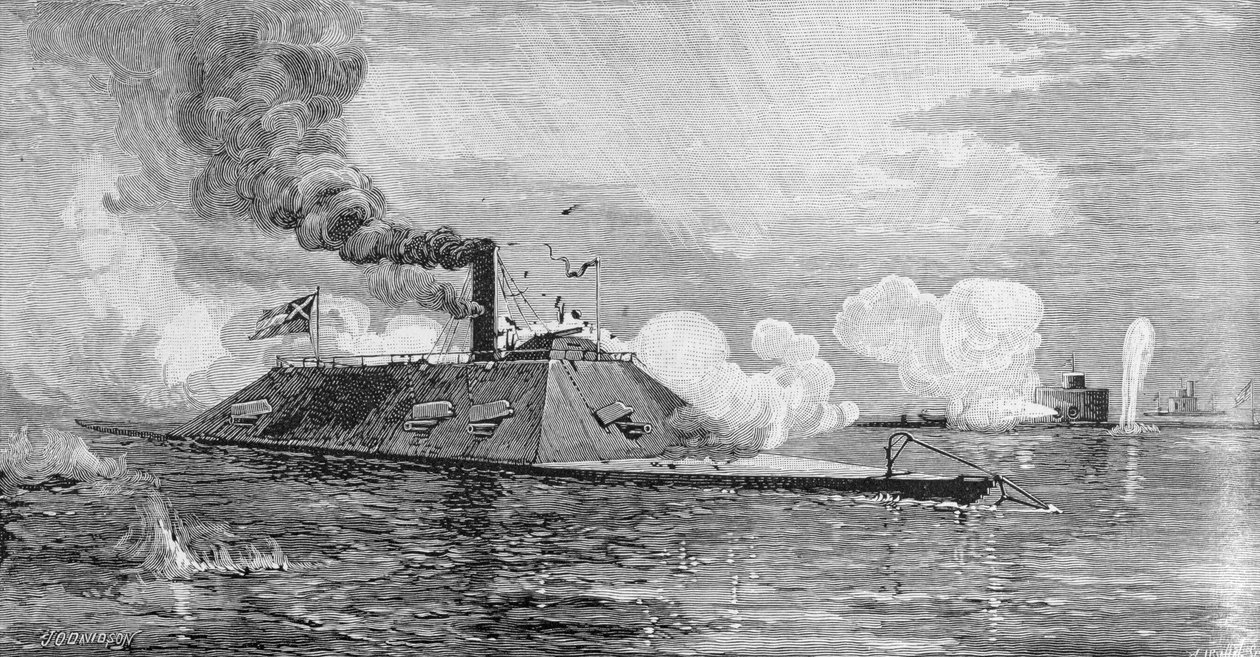 Monitori "Weehawken", joka vangitsee konfederaation rautapukuisen pässin "Atlanta" (muodollisesti saartojuoksija "Fingal") Wassaw Sound, Georgia, 17. kesäkuuta 1863, kaiverrus Allen Irwin, kuva "Bat" tekijältä Julian Oliver Davidson