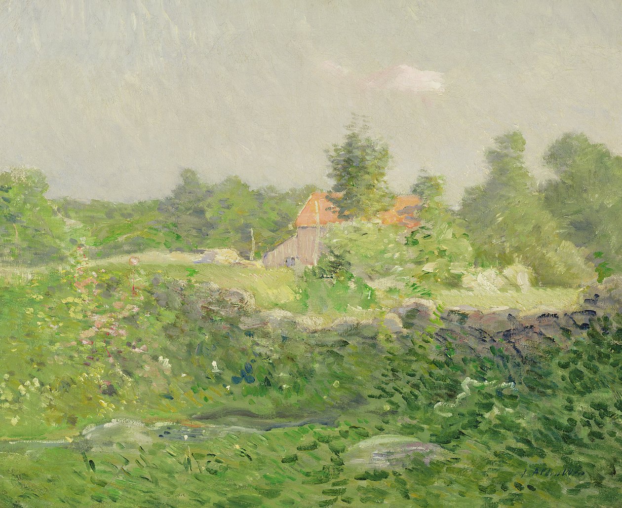 Maisema ja maatila, n. 1895 (öljy kankaalle) tekijältä Julian Alden Weir