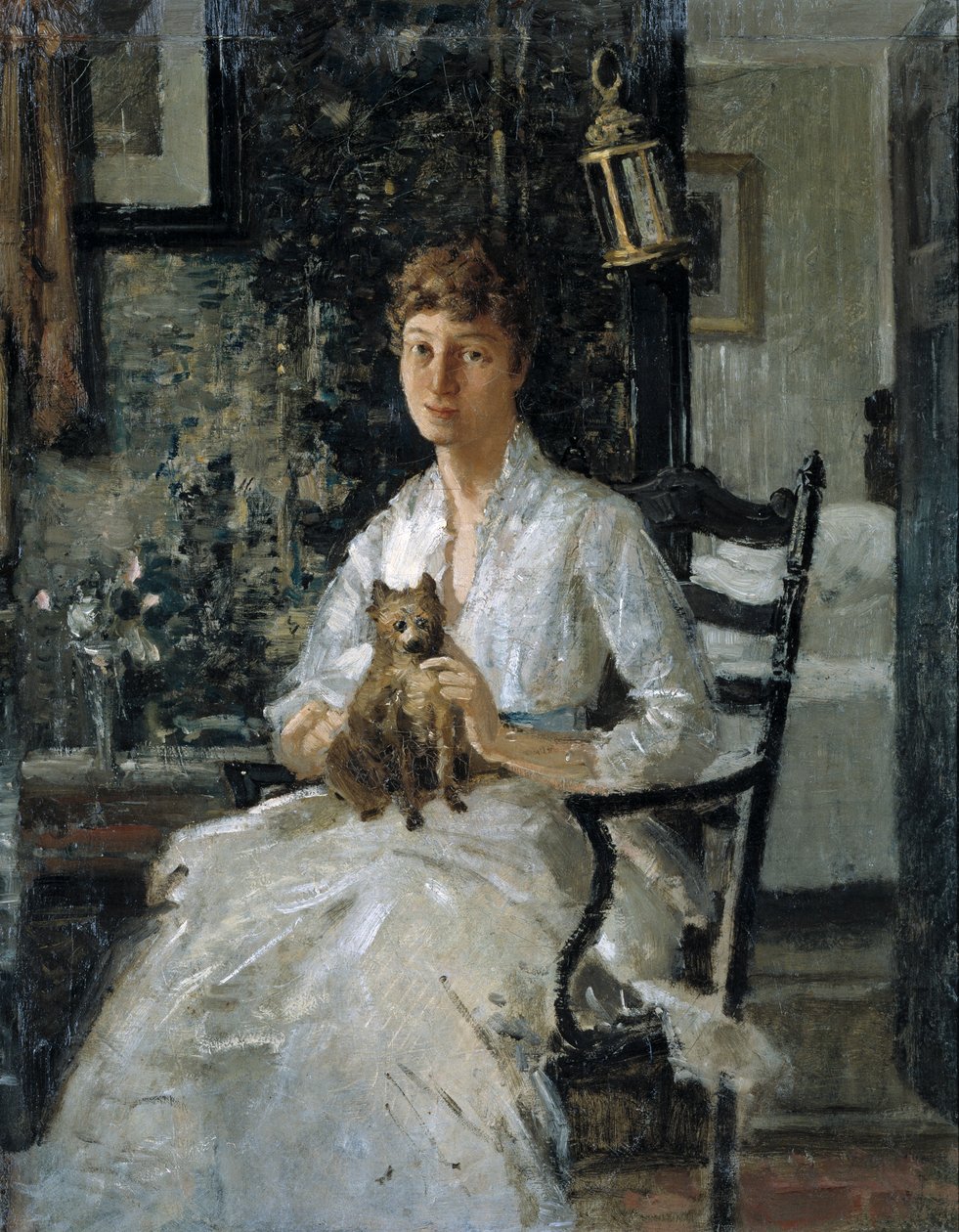 Naisen muotokuva koiran kanssa Anna Baker Weir, n. 1890. tekijältä Julian Alden Weir
